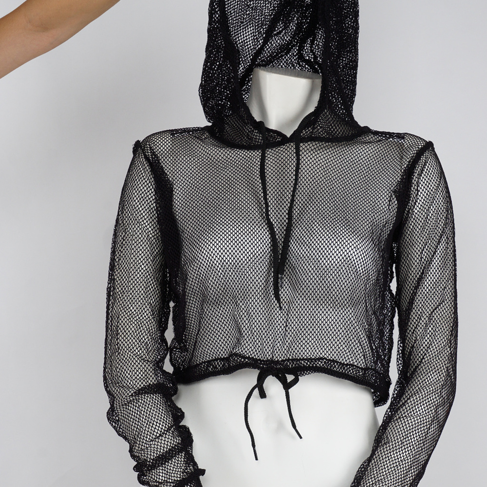Sheer Mesh Crop Top Hoodie longs sleeves - Picture 4 of 5